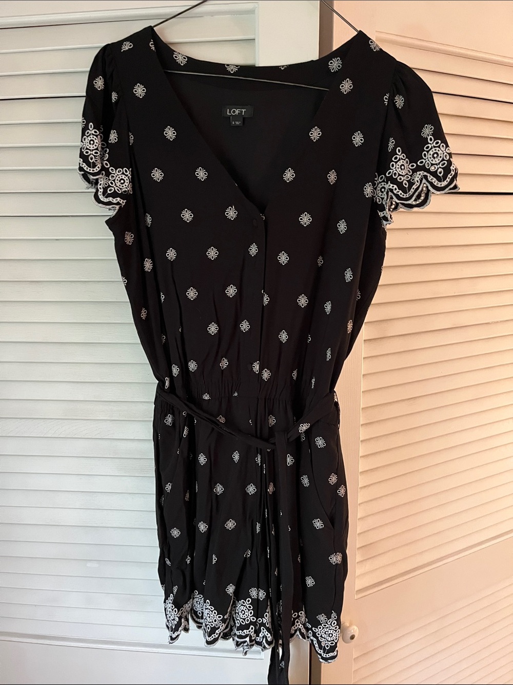 LOFT Black Romper with White Embroidered Trim
